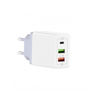 Cargador de red 30W PD 5.4A Fast Charge (1xUSB-C 12W + 2xUSB-A 18W) Blanco