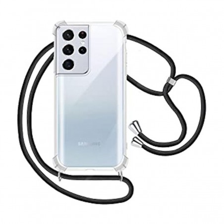 Funda Móvil Colgante con Cuerda para Samsung Galaxy S21 Ultra Silicona Transparente con Cuerda Negra