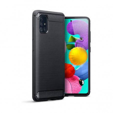 Funda móvil silicona Samsung Galaxy A51, alta protección e inserciones símil a fibra de carbono Negro